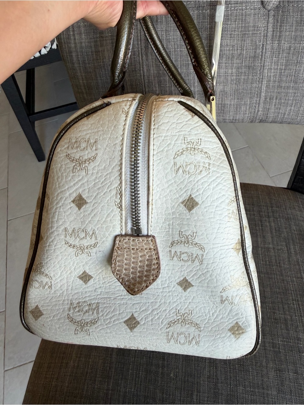MCM White Leather Satchel with Multicolor Patch Accents - Picture 5 of 13